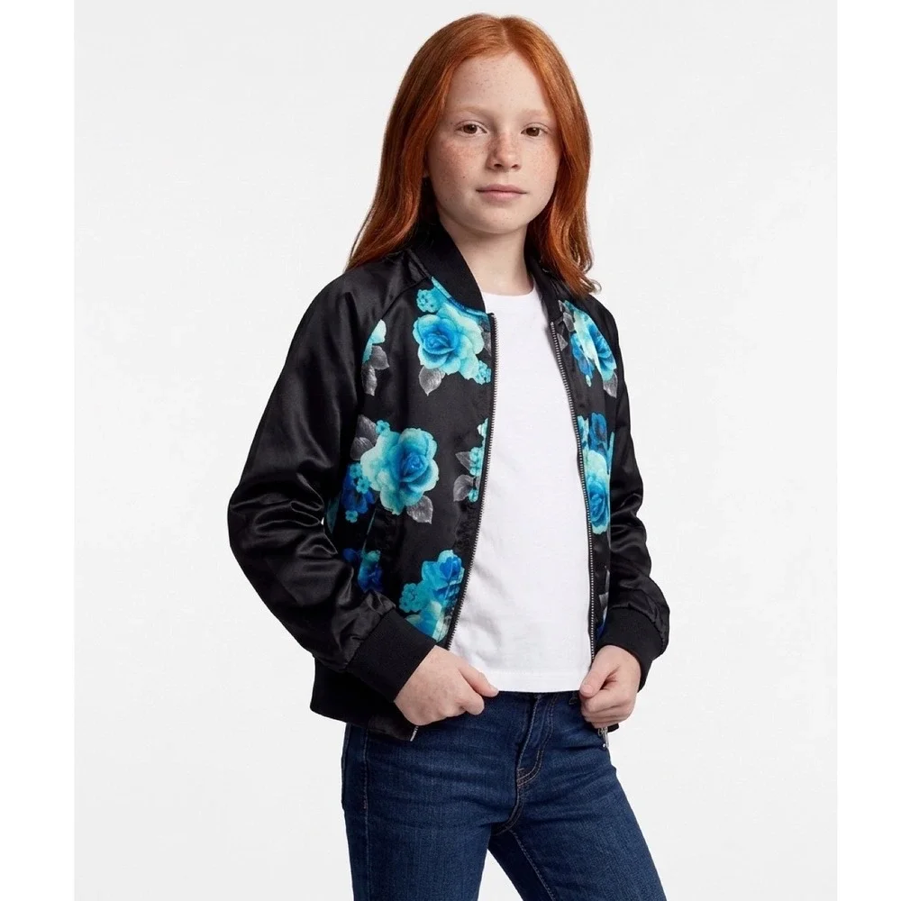 Justice Girls Black Blue Teal Floral Satin Bomber Jacket Size 8/10